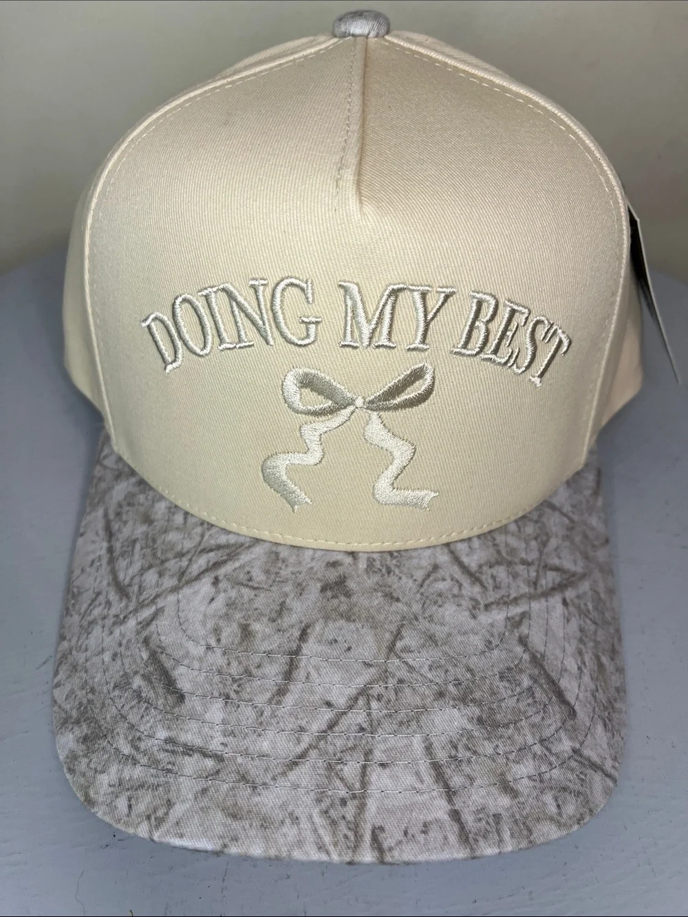 C.C Beige 'Doing My Best' Embroidered Cap with Marbled Gray Bill NEW